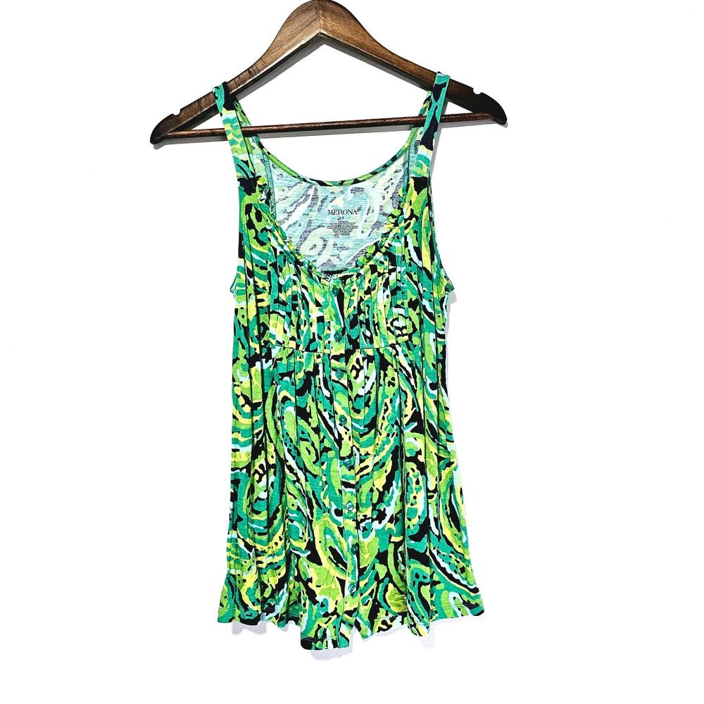Merona Button-Up Tank Top Women's Size S Soft Rayon Green Paisley Casual Boho - Picture 2 of 6